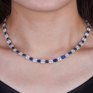 Cluster Design Oval Cut Blue Sapphire Bridal Jewelry Choker Necklace Wedding Necklace For Women