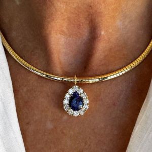 4.8 Ct Halo Gold Chain Pear Cut Blue Sapphire Gold Necklace Pendant Necklace For Women  