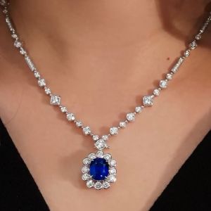 14.8 Ct Halo Cushion Cut Blue Sapphire Necklace For Women 