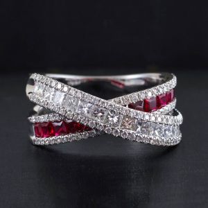 3.69 Ct Princess Cut White & Ruby Sapphire Cross Wedding Band For Women
