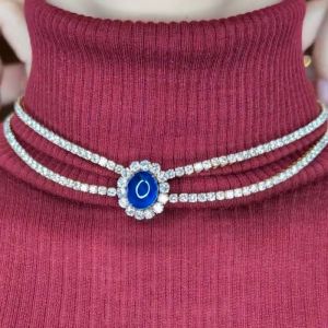 Double Row Golden Halo Oval Cut Blue Sapphire Wedding Necklace For Women  