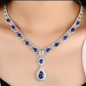 Triple Halo Pear & Oval Cut Blue Sapphire Necklace For Women Wedding Jewelry