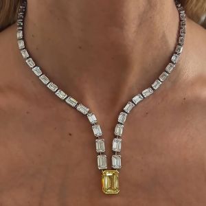 23.1 Ct Two Tone Emerald Cut Yellow Sapphire Necklace For Women 
