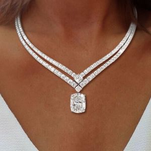Double Row Cushion Cut White Sapphire Wedding Necklace Luxury Jewelry For Women 35.5 Ct 