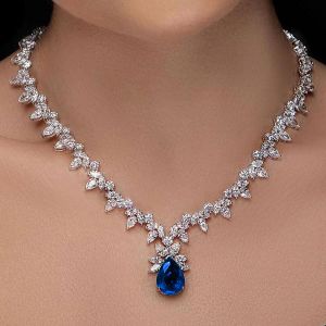 35.8 Ct Pear Cut Blue Sapphire Necklace Wedding Necklace For Women