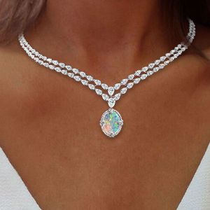 Classic Two Row Oval Cut Opal Pendant Wedding Necklace For Women