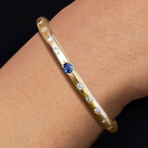 Golden Oval Cut Blue Sapphire Bracelet Bangle For Women