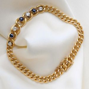 Golden Round Cut Blue Sapphire Curb Link Bracelet Wedding Jewelry For Women
