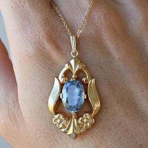 Golden Antique Oval Cut Blue Topaz Pendant Necklace For Women 2.4 Ct 