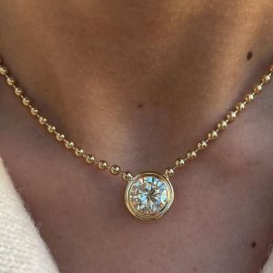 Golden Bezel Round Cut White Sapphire Bead Link Chain Pendant Necklace Wedding Necklace For Women