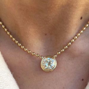 Golden Bezel Round Cut White Sapphire Bead Link Chain Pendant Necklace Wedding Necklace For Women