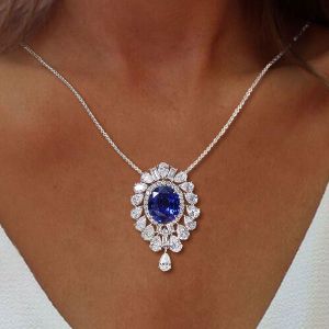 Double Halo Oval Cut Blue Sapphire Pendant Necklace For Women 