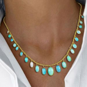 Golden Bezel Antique Oval Cut Opal Gold Chain Wedding Necklace Pendant Necklace For Women