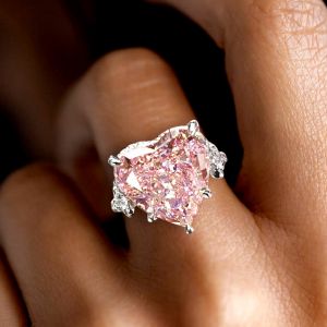 Three Stone Hidden Halo Heart Pink Sapphire Engagement Ring For Women