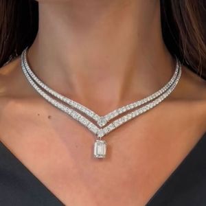 Double Row Emerald Cut White Sapphire Wedding Necklace For Women