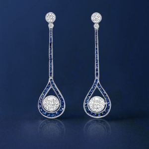 Art Deco Halo Round Cut White & Blue Sapphire Drop Earrings For Women