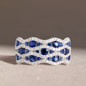 Multi Row Half Eternity Round Cut Blue Sapphire Wave Wedding Band For Women