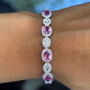 Halo Oval Cut Pink Sapphire Bracelet For Women Wedding Jewelry