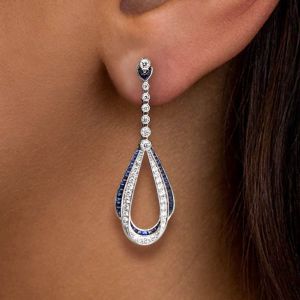 Milgrain Round & Emerald Cut White & Blue Sapphire Drop Earrings For Women Wedding Jewelry