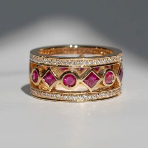 Golden Eternity Round & Asscher Cut Ruby Sapphire Wedding Band For Women