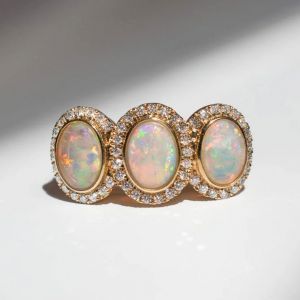 Halo Golden Oval Cut Opal Trinity Ring Engagement Ring For Women