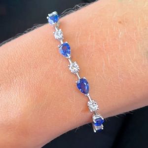 Round & Pear Cut Blue & White Sapphire Tennis Bracelet For Women