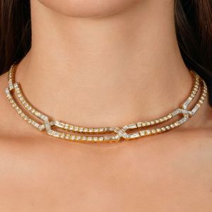 Golden Double Row Round & Emerald Cut White Sapphire Tennis Necklace For Women