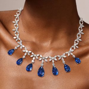 Cluster Design Pear Cut Blue Sapphire Necklace For Women Wedding Jewelry 