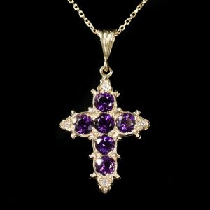 Golden Round Cut Amethyst Sapphire Cross Pendant Necklace For Women Wedding Jewelry