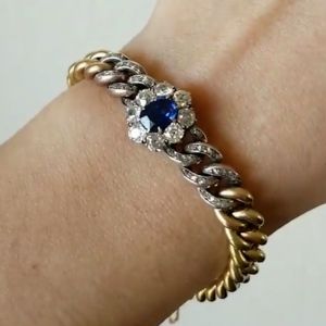 Halo Two Tone Cushion Cut Blue Sapphire Bracelet For Women Wedding Jewelry 