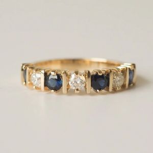 Half Eternity Gold Round Cut Blue Sapphire Wedding Band For Women