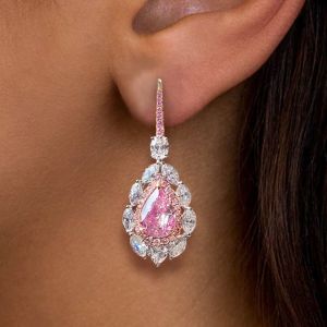 Two Tone Double Halo Pear Cut Pink Sapphire Drop Earrings For Women Wedding Jewelry  
