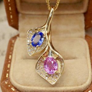 Golden Oval Cut Pink & Blue Sapphire Leaf Pendant Necklace Wedding Necklace For Women