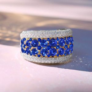 Two Tone Round Cut Blue Sapphire Cigar Band For Women Wedding Jewelry