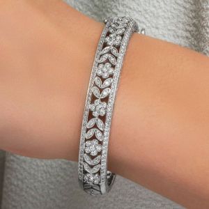 Flower Round Cut White Sapphire Bangle For Women Wedding Jewelry
