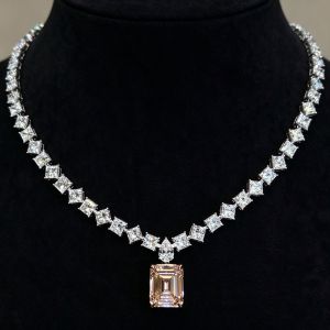 Luxury Two Tone Emerald Cut White & Pink Sapphire Necklace For Women Wedding Jewelry