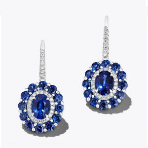 Halo Flower Round Cut Blue Sapphire Drop Earrings For Women Wedding Jewelry 