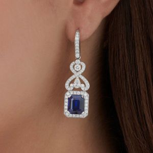 Emerald Cut Blue Sapphire Drop Earrings For Women Wedding Jewelry 