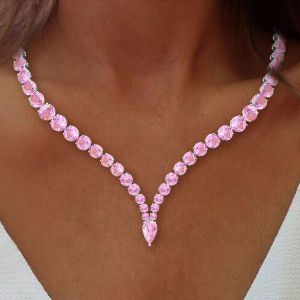 Classic Pear & Round Cut Pink Sapphire Wedding Necklace For Women
