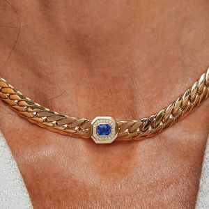 Halo Bezel Golden Princess Cut Blue Sapphire Pendant Necklace For Women Wedding Jewelry 