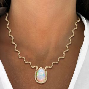 Bezel Golden Pear Cut Opal Necklace For Women Wedding Necklace 