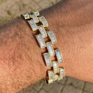 Golden Baguette Cut White Sapphire Link Bracelet For Men Wedding Jewelry 