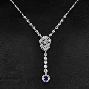 Art Deco Cushion Cut White & Blue Sapphire Pendant Necklace For Women