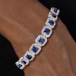 Halo Asscher Cut Blue Sapphire Bracelet For Women Wedding Jewelry 