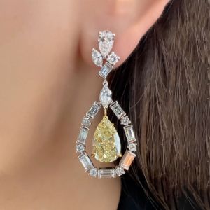 Two Tone Cluster Design Pear Cut Yellow Sapphire Drop Earrings For Women  