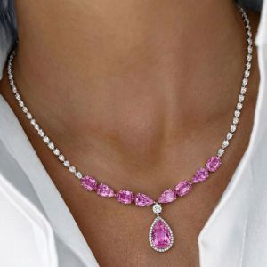 Halo Pear Cut Pink Sapphire Necklace For Women Wedding Necklace