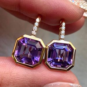 Golden Asscher Cut Amethyst Sapphire Drop Earrings For Women
