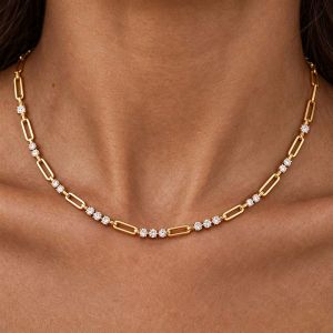 Golden Round Cut White Sapphire Paper Clip Necklace For Women Wedding Jewelry