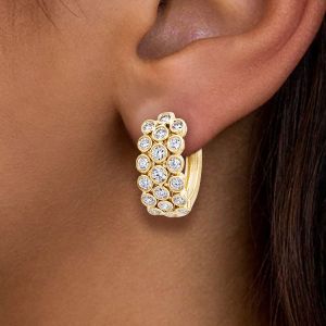 Triple Row Golden Round Cut White Sapphire Hoop Earrings For Women Wedding Jewelry 