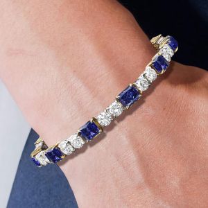 Two Tone Radiant & Round Cut Blue Sapphire Tennis Bracelet For Women